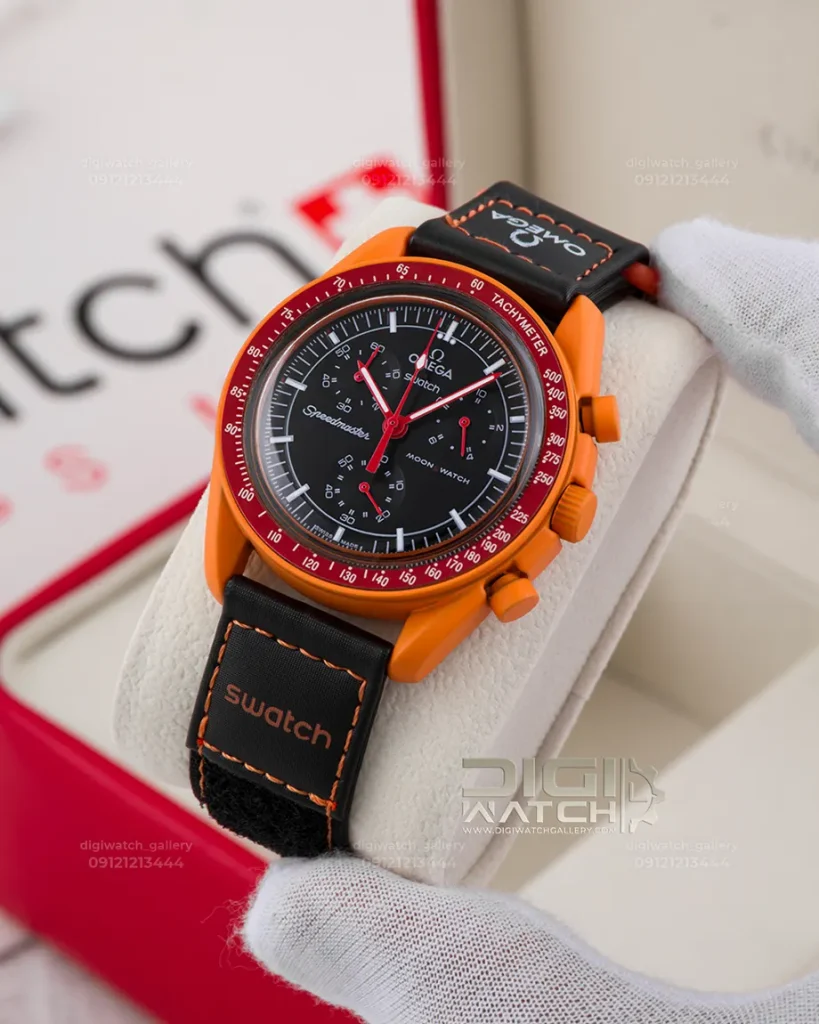 ساعت امگا سواچ قاب فلزی بند چرم مدل لاوا Omega Swatch Mission to Earth-Lava